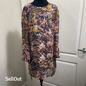 Love Fire Women's Multicolor Abstract Long  wide bell Sleeve Short Dress M